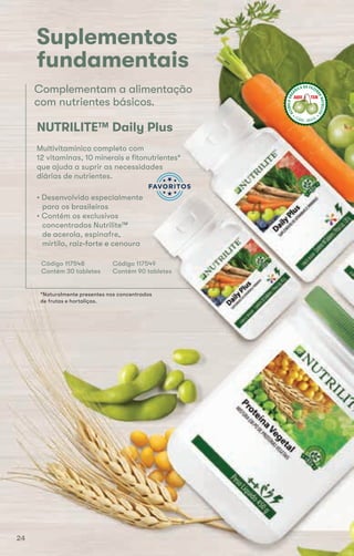 Complementam a alimentação
com nutrientes básicos.
Suplementos
fundamentais
NUTRILITE™ Daily Plus
Multivitamínico completo com
12 vitaminas, 10 minerais e fitonutrientes*
que ajuda a suprir as necessidades
diárias de nutrientes.
• Desenvolvido especialmente
para os brasileiros
• Contém os exclusivos
concentrados Nutrilite™
de acerola, espinafre,
mirtilo, raiz-forte e cenoura
ACEROLAORG
ÂNICA DA FAZEN
DANUTRILITE
CEARÁ  BRASIL
ACEROLABRAS
ILEIRA DA FAZE
NDANUTRILITE
UBAJARA  CEARÁ
ACEROLABRAS
ILEIRA DA FAZE
NDANUTRILITE
UBAJARA  CEARÁ
Código 117548
Contém 30 tabletes
Código 117549
Contém 90 tabletes
*Naturalmente presentes nos concentrados
de frutas e hortaliças.
24
 