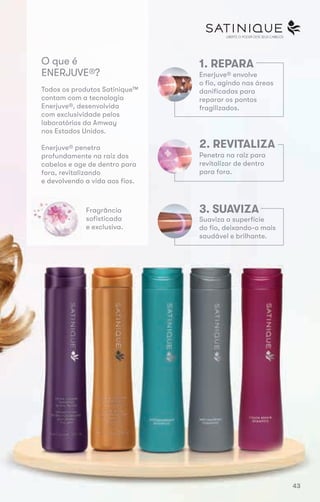 LIBERTE O PODER DOS SEUS CABELOS
Fragrância
sofisticada
e exclusiva.
O que é
ENERJUVE®?
Todos os produtos Satinique™
contam com a tecnologia
Enerjuve®, desenvolvida
com exclusividade pelos
laboratórios da Amway
nos Estados Unidos.
Enerjuve® penetra
profundamente na raiz dos
cabelos e age de dentro para
fora, revitalizando
e devolvendo a vida aos fios.
3. SUAVIZA
Suaviza a superfície
do fio, deixando-o mais
saudável e brilhante.
2. REVITALIZA
Penetra na raiz para
revitalizar de dentro
para fora.
Enerjuve® envolve
o fio, agindo nas áreas
danificadas para
reparar os pontos
fragilizados.
1. REPARA
43
 