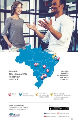 CATÁLOGO AMWAY
OS PRODUTOS DA AMWAY
NA PALMA DA SUA MÃO
Disponível em:
www.amway.com.br
Amway do Brasil Amway do Brasil
Amway do Brasil
+ DE 400
PONTOS
DE RETIRADA
EM TODO
O BRASIL!
SEMPRE
TEM UMA AMWAY
PERTINHO
DE VOCÊ.
Lojas Centros
de Distribuição
Processo
de produção
(Ubajara/CE)
Maior fazenda
de produção de acerola
orgânica no mundo
(Ubajara/CE)
59
 