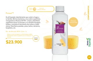 100

litros de
solución diluida*

Pursue™
Es el limpiador desinfectante que cuida tu hogar y
tu familia. Elimina bacterias y virus sobre superficies,
incluyendo la influenza AH1N1. Limpia y desinfecta
superficies duras no porosas y no necesita enjuague.
Inhibe y controla el crecimiento de mohos y malos
olores. Desinfecta paredes, pisos, baños, sanitarios,
lavaplatos, etc.

Fórmula
concentrada

COMPLEMENTOS

Rinde
hasta

No. de Artículo 3878 / Cont. 1L
Diluye un cuarto de tapa en un litro de agua y aplica
directamente sobre la superficie por lo menos por 10
minutos.

$23.900

141

 