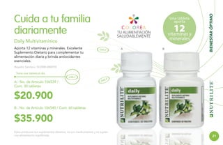 Una tableta
aporta

12

vitaminas y
minerales

Daily Multivitamínico
Aporta 12 vitaminas y minerales. Excelente
Suplemento Dietario para complementar tu
alimentación diaria y brinda antioxidantes
esenciales.

A

B

BIENESTAR ÓPTIMO

Cuida a tu familia
diariamente

Registro Sanitario: SD2008-0000755
Toma una tableta al día.

A.- No. de Artículo 106539 /
Cont. 30 tabletas

$20.900
B.- No. de Artículo 106540 / Cont. 60 tabletas

$35.900
Estos productos son suplementos dietarios, no son medicamentos y no suplen
una alimentación equilibrada.

21

 