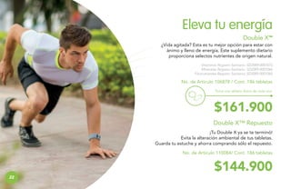 Eleva tu energía
Double X™
¿Vida agitada? Esta es tu mejor opción para estar con
ánimo y lleno de energía. Este suplemento dietario
proporciona selectos nutrientes de origen natural.
Vitaminas Registro Sanitario: SD2009-0001075
Minerales Registro Sanitario: SD2009-0001066
Fitonutrientes Registro Sanitario: SD2009-0001065

No. de Artículo 106878 / Cont. 186 tabletas
Toma una tableta diaria de cada una.

$161.900
Double X™ Repuesto
¡Tu Double X ya se te terminó!
Evita la alteración ambiental de tus tabletas.
Guarda tu estuche y ahorra comprando sólo el repuesto.
No. de Artículo 110084/ Cont. 186 tabletas

22
22

$144.900

 