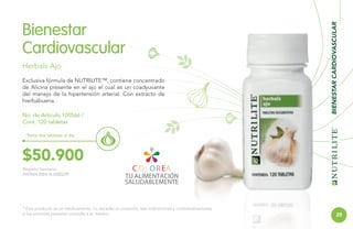 Herbals Ajo
Exclusiva fórmula de NUTRILITE™, contiene concentrado
de Alicina presente en el ajo el cual es un coadyuvante
del manejo de la hipertensión arterial. Con extracto de
hierbabuena.
No. de Artículo 100566 /
Cont. 120 tabletas

BIENESTAR CARDIOVASCULAR

Bienestar
Cardiovascular

Toma dos tabletas al día.

$50.900
Registro Sanitario:
INVIMA 2004 N-0000229

* Este producto es un medicamento, no exceder su consumo, leer indicaciones y contraindicaciones,
si los síntomas persisten consulte a su médico.

25

 