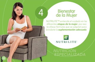 4

Bienestar
de la Mujer
NUTRILITE™ entiende el cuidado en las
diferentes etapas de la mujer, por eso
te ofrece fórmulas que se adaptan para
brindarte la suplementación adecuada.

NUTRICIÓN
ESPECIALIZADA
30

 