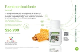 BIENESTAR DE LA MUJER

Fuente antioxidante
Lecitina E
La lecitina contenida en esta exclusiva fórmula de NUTRILITE™
es un suplemento masticable, para niños y adultos, que contiene
vitamina E, nutriente esencial que aporta protección antioxidante.
La lecitina contribuye a la emulsificación de las grasas.
No. de Artículo 100150 /
Cont. 30 tabletas masticables
Dependiendo de la edad toma de una
a tres las tabletas masticables al día.

$26.900
Registro Sanitario: SD2008-0000760

Escanéalo
para ver la
Demostración
de producto.

Estos productos son suplementos dietarios, no son medicamentos y no suplen
una alimentación equilibrada.

37

 
