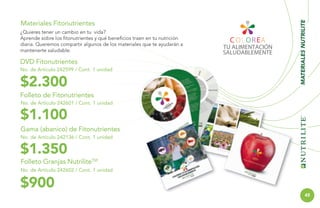 DVD Fitonutrientes
No. de Artículo 242599 / Cont. 1 unidad

$2.300

MATERIALES NUTRILITE

Materiales Fitonutrientes
¿Quieres tener un cambio en tu vida?
Aprende sobre los fitonutrientes y qué beneficios traen en tu nutrición
diaria. Queremos compartir algunos de los materiales que te ayudarán a
mantenerte saludable.

Folleto de Fitonutrientes
No. de Artículo 242601 / Cont. 1 unidad

$1.100

Gama (abanico) de Fitonutrientes
No. de Artículo 242136 / Cont. 1 unidad

$1.350

Folleto Granjas NutriliteTM
No. de Artículo 242602 / Cont. 1 unidad

$900
45

 