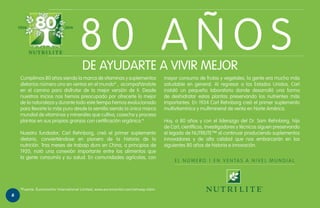 80 AÑOS
DE AYUDARTE A VIVIR MEJOR

Cumplimos 80 años siendo la marca de vitaminas y suplementos
dietarios número uno en ventas en el mundo* , acompañándote
en el camino para disfrutar de la mejor versión de ti. Desde
nuestros inicios nos hemos preocupado por ofrecerte lo mejor
de la naturaleza y durante todo este tiempo hemos evolucionado
para llevarte lo más puro desde la semilla siendo la única marca
mundial de vitaminas y minerales que cultiva, cosecha y procesa
plantas en sus propias granjas con certificación orgánica.*
Nuestro fundador, Carl Rehnborg, creó el primer suplemento
dietario, conviertiéndose en pionero de la historia de la
nutrición. Tras meses de trabajo duro en China, a principios de
1920, notó una conexión importante entre los alimentos que
la gente consumía y su salud. En comunidades agrícolas, con

*Fuente: Euromonitor International Limited, www.euromonitor.com/amway-claim

6

mayor consumo de frutas y vegetales, la gente era mucho más
saludable en general. Al regresar a los Estados Unidos, Carl
instaló un pequeño laboratorio donde desarrolló una forma
de deshidratar estas plantas preservando los nutrientes más
importantes. En 1934 Carl Rehnborg creó el primer suplemento
multivitamínico y multimineral de venta en Norte América.
Hoy, a 80 años y con el liderazgo del Dr. Sam Rehnborg, hijo
de Carl, científicos, investigadores y técnicos siguen preservando
el legado de NUTRILITE™ al continuar produciendo suplementos
innovadores y de alta calidad que nos embarcarán en los
siguientes 80 años de historia e innovación.
E L N Ú M E R O 1 E N V E N TA S A N I V E L M U N D I A L

 