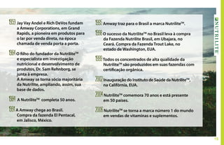15
1959Jay Vay Andel e Rich DeVos fundam
a Amway Corporations, em Grand
Rapids, a pioneira em produtos para
o lar por venda direta, na época
chamada de venda porta a porta.
1964O filho do fundador da NutriliteTM
e especialista em investigação
nutricional e desenvolvimento de
produtos, Dr. Sam Rehnborg, se
junta à empresa.
A Amway se torna sócia majoritária
da Nutrilite, ampliando, assim, sua
base de dados.
1984 A NutriliteTM
completa 50 anos.
1991A Amway chega ao Brasil.
Compra da fazenda El Pentacal,
em Jalisco, México.
1995Amway traz para o Brasil a marca NutriliteTM
.
1998O sucesso da NutriliteTM
no Brasil leva à compra
da Fazenda Nutrilite Brasil, em Ubajara, no
Ceará. Compra da Fazenda Trout Lake, no
estado de Washington, EUA.
1999Todos os concentrados de alta qualidade da
NutriliteTM
são produzidos em suas fazendas com
certificação orgânica.
2002Inauguração do Instituto de Saúde da NutriliteTM
,
na Califórnia, EUA.
2004NutriliteTM
comemora 70 anos e está presente
em 50 países.
2006NutriliteTM
se torna a marca número 1 do mundo
em vendas de vitaminas e suplementos.
 