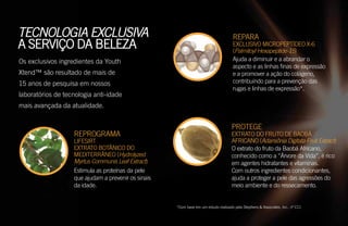 TECNOLOGIA EXCLUSIVA
A SERVIÇO DA BELEZA
Os exclusivos ingredientes da Youth
Xtend™ são resultado de mais de
15 anos de pesquisa em nossos
laboratórios de tecnologia anti-idade
mais avançada da atualidade.
REPROGRAMA
LIFESIRT
EXTRATO BOTÂNICO DO
MEDITERRÂNEO (Hydrolyzed
Myrtus Communis Leaf Extract)
Estimula as proteínas da pele
que ajudam a prevenir os sinais
da idade.
REPARA
EXCLUSIVO MICROPEPTÍDEO X-6
(Palmitoyl Hexapeptide-15)
Ajuda a diminuir e a abrandar o
aspecto e as linhas finas de expressão
e a promover a ação do colágeno,
contribuindo para a prevenção das
rugas e linhas de expressão*.
PROTEGE
EXTRATO DO FRUTO DE BAOBÁ
AFRICANO (Adansônia Digitata Fruit Extract)
O extrato do fruto da Baobá Africano,
conhecido como a “Árvore da Vida”, é rico
em agentes hidratantes e vitaminas.
Com outros ingredientes condicionantes,
ajuda a proteger a pele das agressões do
meio ambiente e do ressecamento.
*Com base em um estudo realizado pela Stephens & Associates, Inc., nº C11
 