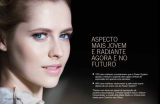 ASPECTO
MAIS JOVEM
E RADIANTE
AGORA E NO
FUTURO
• 78% das mulheres consideraram que o Power System
ajudou a reduzir o aspecto das rugas e linhas de
expressão em apenas uma semana.
• 89% das mulheres observaram a pele mais suave
depois de um único uso do Power System*.
*Dados com base em painel de percepção de
usuários dos produtos. O Power System inclui o Sérum
Concentrado, a Loção Anti-Idade Noite e o Creme Anti-
Idade para Contorno dos Olhos.
TERESA PALMER
 