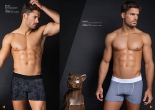 BA124_
BOXER CORTO DE VISC SOFT VICHY
TALLE: S-M-L-XL
COLORES: AZUL - GRIS MEL - CRUDO
BA121_
BOXER LARGO DE ALG/
LYC 30/1 ESTAMPADO
TALLE: S-M-L-XL
COLORES: ANCLA - BARCO
- CAMUFLADO - MARVLE
74 75
 