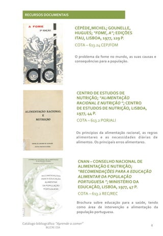 Catálogo	
  bibliográﬁco	
  “Aprende	
  a	
  comer”	
  
BE/CRE	
  ESA	
  
4	
  
RECURSOS	
  DOCUMENTAIS	
  
CÉPÈDE,MICHEL;	
  GOUNELLE,	
  
HUGUES;	
  “FOME,	
  A”;	
  EDIÇÕES	
  
ITAU,	
  LISBOA,	
  1977,	
  129	
  P.	
  
COTA	
  –	
  613.24	
  CEP/FOM	
  
	
  
CENTRO	
  DE	
  ESTUDOS	
  DE	
  
NUTRIÇÃO;	
  “ALIMENTAÇÃO	
  
RACIONAL	
  E	
  NUTRIÇÃO	
  ”;	
  CENTRO	
  
DE	
  ESTUDOS	
  DE	
  NUTRIÇÃO,	
  LISBOA,	
  
1977,	
  44	
  P.	
  
COTA	
  –	
  613.2	
  POR/ALI	
  
	
  
Os	
   princípios	
   da	
   alimentação	
   racional,	
   as	
   regras	
  
alimentares	
   e	
   as	
   necessidades	
   diárias	
   de	
  
alimentos.	
  Os	
  principais	
  erros	
  alimentares.	
  	
  	
  	
  
CNAN	
  –	
  CONSELHO	
  NACIONAL	
  DE	
  
ALIMENTAÇÃO	
  E	
  NUTRIÇÃO;	
  
“RECOMENDAÇÕES	
  PARA	
  A	
  EDUCAÇÃO	
  
ALIMENTAR	
  DA	
  POPULAÇÃO	
  
PORTUGUESA	
  ”;	
  MINISTÉRIO	
  DA	
  
EDUCAÇÃO,	
  LISBOA,	
  1977,	
  47	
  P.	
  
COTA	
  –	
  613.2	
  REC/REC	
  
	
  Brochura	
   sobre	
   educação	
   para	
   a	
   saúde,	
   tendo	
  
como	
   área	
   de	
   intervenção	
   a	
   alimentação	
   da	
  
população	
  portuguesa.	
  
O	
  problema	
  da	
  fome	
  no	
  mundo,	
  as	
  suas	
  causas	
  e	
  
consequências	
  para	
  a	
  população.	
  
 