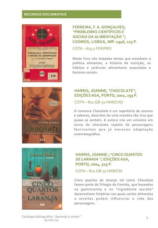Catálogo	
  bibliográﬁco	
  “Aprende	
  a	
  comer”	
  
BE/CRE	
  ESA	
  
6	
  
RECURSOS	
  DOCUMENTAIS	
  
FERREIRA,	
  F.	
  A.	
  GONÇALVES;	
  
“PROBLEMAS	
  CIENTÍFICOS	
  E	
  
SOCIAIS	
  DA	
  ALIMENTAÇÃO	
  ”;	
  
COSMOS,	
  LISBOA,	
  IMP.	
  1946,	
  123	
  P.	
  
COTA	
  –	
  613.2	
  FER/PRO	
  
	
  
Neste	
   livro	
   são	
   tratados	
   temas	
   que	
   envolvem	
   a	
  
política	
   alimentar,	
   a	
   história	
   da	
   nutrição,	
   os	
  
hábitos	
   e	
   carências	
   alimentares	
   associados	
   a	
  
factores	
  sociais.	
  	
  	
  
HARRIS,	
  JOANNE;	
  “CHOCOLATE”;	
  
EDIÇÕES	
  ASA,	
  PORTO,	
  2001,	
  259	
  P.	
  
COTA	
  –	
  821.GB-­‐31	
  HAR/CHO	
  
O	
  romance	
  Chocolate	
  é	
  um	
  repertório	
  de	
  aromas	
  
e	
  sabores,	
  descritos	
  de	
  uma	
  maneira	
  tão	
  viva	
  que	
  
quase	
   se	
   sentem.	
   A	
   autora	
   cria	
   um	
   universo	
   em	
  
torno	
   do	
   chocolate	
   repleto	
   de	
   personagens	
  
fascinantes	
   que	
   já	
   mereceu	
   adaptação	
  
cinematográﬁca.	
  	
  
HARRIS,	
  JOANNE.;“CINCO	
  QUARTOS	
  
DE	
  LARANJA	
  ”;	
  EDIÇÕES	
  ASA,	
  
PORTO,	
  2004,	
  319	
  P.	
  
COTA	
  –	
  821.GB-­‐31	
  HAR/CIN	
  
	
  
Cinco	
   quartos	
   de	
   laranja	
   tal	
   como	
   Chocolate	
  
fazem	
  parte	
  da	
  Trilogia	
  da	
  Comida,	
  que	
  baseados	
  
na	
   gastronomia	
   e	
   no	
   “ingrediente	
   secreto”	
  
desenvolvem	
  histórias	
  nas	
  quais	
  certos	
  alimentos	
  
e	
   receitas	
   podem	
   inﬂuenciar	
   a	
   vida	
   das	
  
personagens.	
  
 