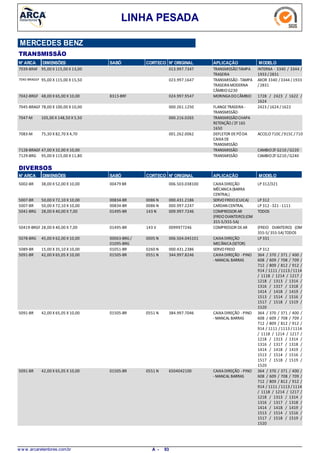 LINHA PESADA
MERCEDES BENZ
TRANSMISSÃO
N° ARCA DIMENSÕES SABÓ CORTECO N° ORIGINAL APLICAÇÃO MODELO
95,00 X 115,00 X 13,007039-BRAF TRANSMISSÃOTAMPA
TRASEIRA
INTERNA - 3340 / 3344 /
1933 / 2831
013.997.7347
95,00 X 115,00 X 15,507040-BRAGGF TRANSMISSÃO-TAMPA
TRASEIRAMODERNA
CÂMBIOG230
AXOR 3340 /3344 /1933
/2831
023.997.1647
48,00 X 65,00 X 10,007042-BRGF MORINGADOCÂMBIO 1728 / 2423 / 1622 /
1624
8313-BRF 024.997.9547
78,00 X 100,00 X 10,007045-BRAGF FLANGETRASEIRA-
TRANSMISSÃO
2423 / 1624 / 1622000.261.1250
105,00 X 148,50 X 5,507047-M TRANSMISSÃOCHAPA
RETENÇÃO/ZF 16S
1650
000.216.0265
75,30 X 82,70 X 4,707083-M DEFLETOR DEPÓDA
CAIXADE
TRANSMISSÃO
ACCELO710C /915C /710001.262.0062
47,00 X 32,00 X 10,007128-BRAGF TRANSMISSÃO CAMBIOZF G210 /G220
95,00 X 115,00 X 11,807129-BRG TRANSMISSÃO CAMBIOZF G210 /G240
N° ARCA SABÓ CORTECO N° ORIGINAL APLICAÇÃO MODELODIMENSÕES
DIVERSOS
38,00 X 52,00 X 10,005002-BR CAIXADIREÇÃO
MÊCANICA(BARRA
CENTRAL)
LP 312/32100479 BR 006.503.038100
50,00 X 72,10 X 10,005007-BR SERVOFREIO(CUICA) LP 3120086 N00834-BR 000.431.2186
50,00 X 72,10 X 10,005007-BR CARDAN CENTRAL LP 312 -321 -11110086 N00834-BR 000.997.2247
28,00 X 40,00 X 7,005041-BRG COMPRESSOR AR
(FREIODIANTEIRO)(OM
355-5/355-5A)
TODOS143 N01495-BR 009.997.7246
28,00 X 40,00 X 7,0050419-BRGF COMPRESSOR DEAR (FREIO DIANTEIRO) (OM
355-5/ 355-5A)TODOS
143 V01495-BR 0099977246
45,00 X 62,00 X 10,005078-BRG CAIXADIREÇÃO
MECÂNICA(SETOR)
LP 3310005 N00063-BRG /
01095-BRG
006.504.045101
15,00 X 35,10 X 10,005089-BR SERVOFREIO LP 3120260 N01051-BR 000.431.2386
42,00 X 65,05 X 10,005091-BR CAIXADIREÇÃO -PINO
-MANCAL BARRAS
364 / 370 / 371 / 400 /
608 / 609 / 708 / 709 /
712 / 809 / 812 / 912 /
914 / 1111 /1113 /1114
/ 1118 / 1214 / 1217 /
1218 / 1313 / 1314 /
1316 / 1317 / 1318 /
1414 / 1418 / 1419 /
1513 / 1514 / 1516 /
1517 / 1518 / 1519 /
1520
0551 N01505-BR 344.997.8246
42,00 X 65,05 X 10,005091-BR CAIXADIREÇÃO -PINO
-MANCAL BARRAS
364 / 370 / 371 / 400 /
608 / 609 / 708 / 709 /
712 / 809 / 812 / 912 /
914 / 1111 /1113 /1114
/ 1118 / 1214 / 1217 /
1218 / 1313 / 1314 /
1316 / 1317 / 1318 /
1414 / 1418 / 1419 /
1513 / 1514 / 1516 /
1517 / 1518 / 1519 /
1520
0551 N01505-BR 384.997.7046
42,00 X 65,05 X 10,005091-BR CAIXADIREÇÃO -PINO
-MANCAL BARRAS
364 / 370 / 371 / 400 /
608 / 609 / 708 / 709 /
712 / 809 / 812 / 912 /
914 / 1111 /1113 /1114
/ 1118 / 1214 / 1217 /
1218 / 1313 / 1314 /
1316 / 1317 / 1318 /
1414 / 1418 / 1419 /
1513 / 1514 / 1516 /
1517 / 1518 / 1519 /
1520
0551 N01505-BR 6504042100
w w w .arcaretentores.com.br 93A -
 