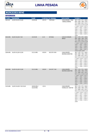 LINHA PESADA
MERCEDES BENZ
DIVERSOS
N° ARCA DIMENSÕES SABÓ CORTECO N° ORIGINAL APLICAÇÃO MODELO
42,00 X 65,05 X 10,005091-BR CAIXADIREÇÃO -PINO
-MANCAL BARRAS
364 / 370 / 371 / 400 /
608 / 609 / 708 / 709 /
712 / 809 / 812 / 912 /
914 / 1111 /1113 /1114
/ 1118 / 1214 / 1217 /
1218 / 1313 / 1314 /
1316 / 1317 / 1318 /
1414 / 1418 / 1419 /
1513 / 1514 / 1516 /
1517 / 1518 / 1519 /
1520
0551 N01505-BR 79976446
30,00 X 40,00 X 7,005092-BRG CAIXADEDIREÇÃO-
BRAÇO
364 / 370 / 371 / 400 /
608 / 609 / 708 / 709 /
712 / 809 / 812 / 912 /
914 / 1111 /1113 /1114
/ 1118 / 1214 / 1217 /
1218 / 1313 / 1314 /
1316 / 1317 / 1318 /
1414 / 1419 / 1513 /
1514 / 1516 / 1517 /
1518 / 1519 / 1520
61 N01535-BR 9974846
26,00 X 42,00 X 10,005096-BRG CAIXADIREÇÃO
MECÂNICA(SEMFIM)
364 / 370 / 371 / 400 /
608 / 609 / 708 / 709 /
712 / 809 / 812 / 912 /
914 / 1111 /1113 /1114
/ 1118 / 1214 / 1217 /
1218 / 1313 / 1314 /
1316 / 1317 / 1318 /
1414 / 1418 / 1419 /
1513 / 1514 / 1516 /
1517 / 1518 / 1519 /
1520
0018 N01151-BRG 002.997.4346
26,00 X 42,00 X 10,005096-BRG CAIXADIREÇÃO
MECÂNICA(SEMFIM)
364 / 370 / 371 / 400 /
608 / 609 / 708 / 709 /
712 / 809 / 812 / 912 /
914 / 1111 /1113 /1114
/ 1118 / 1214 / 1217 /
1218 / 1313 / 1314 /
1316 / 1317 / 1318 /
1414 / 1418 / 1419 /
1513 / 1514 / 1516 /
1517 / 1518 / 1519 /
1520
0018 N01151-BRG 344.997.7146
18,00 X 30,00 X 7,00 /8,005245-BRG CAIXADIREÇÃO
HIDRÁULICA-SEMFIM
364 / 370 / 371 / 400 /
608 / 609 / 708 / 709 /
712 / 809 / 812 / 912 /
914 / 1111 /1113 /1114
/ 1118 / 1214 / 1217 /
1218 / 1313 / 1314 /
1316 / 1317 / 1318 /
1414 / 1418 / 1419 /
1513 / 1514 / 1516 /
1517 / 1518 / 1519 /
1520
135 N00496-BRG /
02329-BRG
w w w .arcaretentores.com.br 94A -
 