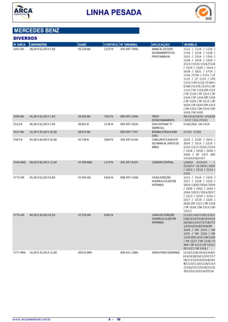 LINHA PESADA
MERCEDES BENZ
DIVERSOS
N° ARCA DIMENSÕES SABÓ CORTECO N° ORIGINAL APLICAÇÃO MODELO
38,00 X 62,00 X 7,005491-BA MANCAL DOEIXO
ACIONAMENTODO
FREIOMANUAL
1113 / 1114 / 1116 /
1118 / 1214 / 1218 /
1313 / 1314 / 1316 /
1318 / 1414 / 1418 /
1513 / 1514 / 1516/1518
/ 1519 / 1520 / 1614 /
1618 / 1621 / 1714 /
1718 /1720 / 1721 / LP
1113 / LP 1114 / LPO
1113 / LPO1114 /O364 /
O365 /O370 /O371 / OF
1113 / OF 1114 /OF 1115
/ OF 1118 / OF 1313 / OF
1314 / OF 1316 /OF 1318
/ OF 1319 / OF 1513 / OF
1618 / OF 1620 /OH 1313
/ OH 1314 /OH 1316 /OH
1418 / OH 1420
1125 N02128-BA 345.997.7846
45,00 X 62,00 X 7,005493-BA FREIO
ESTACIONAMENTO
OH 1313/14/16-1419/20
-1517 /312 /O321
7623 N02169-BA 009.997.2946
46,00 X 62,00 X 7,005523-B EIXOSISTEMA"S"
(MANCAL)
O362/364 -OH 14192136 N00302-B 004.997.3636
15,90 X 35,00 X 10,005527-BA BOMBAD'ÁGUA(OM
326)
LP 331 -O32600375-BA 000.997.7747
45,00 X 60,00 X 10,005587-B CONJUNTOCAVALETE
DOMANCAL (FREIODE
MÃO)
2219 / 2220 / 2013 /
2014 / 2213 / 2214 /
2216 / 2217 /2225 /2314
/ 2318 / 2418 / 2420 /
2428 / OF 1317 /OH
1313/1316/1517
2069 N01738-B 344.997.0146
58,00 X 85,00 X 13,005594-BAG CARDAN CENTRAL L/LB/LK 2213/14 - L
2216/17 -LG 1819 /1819
/ 2013 / 2213 / 2214 /
2216
1179 N01798-BAG 345.997.8245
45,00 X 62,00 X 8,005773-GR CAIXADIREÇÃO
HIDRÁULICA(SETOR
INTERNO)
1513 / 1514 / 1516 /
1517 / 1518 / 1519 /
1819 / 1820 /1924 /1929
/ 1930 / 1932 / 1933 /
1934 / 2013 / 2014/2017
/ 2213 / 2214 / 2216 /
2217 / 2219 / 2220 /
2629 /OF 1317 /OF 1318
/ OF 1618 /OH 1313 /OH
1315 /
0366 N01760-GR 008.997.1948
40,00 X 56,00 X 8,505775-GR CAIXADEDIREÇÃO
HIDRÁULICA(SETOR
INTERNO)
1113/1116/1118/1214/1
218/1414/1418/1614/16
18/1621/1417/1718/172
1/2314/2318/2418/OF
1618 / OH 1313 / OH
1315 / OH 1316 / OH
1318 /OH 1419 /OH1420
/ OH 1517 / OH 1518 / O
364 /OF 1113 / OF 1313 /
OF 1317 /OF 1318 /
0365 N01759-GR
16,00 X 35,00 X 12,005777-BRX SERVOFREIO(VENENO) 1214/1218/1414/1418/1
614/1618/1621/1417/17
18/1721/2314/2318/241
8/1113/1116/1118/1313
/1316/1317/1318/1513/
2013/2213/2214//2216
00510-BRX 000.431.2086
w w w .arcaretentores.com.br 98A -
 