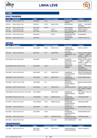 LINHA LEVE
FORD
EIXO TRASEIRO
N° ARCA DIMENSÕES SABÓ CORTECO N° ORIGINAL APLICAÇÃO MODELO
40,00 X 52,00 X 7,405384-BRG CUBODARODA
TRASEIRO
ROYALE/VERSAILLES159 N01988-BRG
38,00 X 58,50 X 7,005597-BR RODATRASEIRA CORCEL II/BELINA/DEL
REY/PAMPA
119 N*01832-BR 80NU.1249.A
40,00 X 55,00 X 8,005686-BAG RODATRASEIRA ESCORT/VERONA1992/0407 N02972-BAG
55,00 X 68,00 X 4,006150-GR RODATRASEIRA CORCEL I 1969/7201035-GR 49.902
29,90 X 58,10 X 8,006359-BAG RODATRASEIRA(CUBO
DIFERENCIAL 4X4)
BELINA/PAMPA02407-BAG BA20.1635
34,50 X 46,50 X 6,506373-GRG RODATRASEIRA(EIXO
CARDAN 4X4)
BELINA/PAMPA02482-GRG 86.815
40,00 X 55,00 X 6,506488-GAG CUBODARODA
TRASEIRO
COURIER / FIESTA/KA07683-GAG
N° ARCA SABÓ CORTECO N° ORIGINAL APLICAÇÃO MODELODIMENSÕES
MOTOR
70,00 X 90,00 X 10,0050378-BRGS VIRABREQUIM
TRASEIRO(MOTOR
1.4/1.6 AE)
CORCEL I 1969/780006 S01135-BRGS BD3M.6701.A
35,00 X 50,00 X 8,005295-BRG DIANTEIRODO
VIRABREQUIM-LADO
POLIA
CORCEL /BELINA/DELREY
/ ESCORT / PAMPA /
VERONA / MOTOR 1.0L
/1.3L / 1.6L CHT
207 P00962-BRG BD3M6700A
35,00 X 50,00 X 8,0052959-BRGF DIATEIRODO
VIRABREQUIM-LADO
POLIA-ALTA
TEMPERATURA
CORCEL /BELINA/DELREY
/ ESCORT / PAMPA /
VERONA / MOTOR 1.0L
/1.3L / 1.6L CHT
02456-BRG 84NU6700A
85,00 X 105,00 X 12,0057659-BRGF VIRABREQUIM
TRASEIRO
CORCEL II/BELINA/DEL
REY/PAMPA
/ESCORT/VERONA
1983/VERSAILLES/ROYALE
1326 V02283-BRGF
35,00 X 50,00 X 8,005944-BRGP VIRABREQUIM
DIANTEIRO(MOTOR
1.4/1.6 AE)
CORCEL II/BELINA/DELREY
/PAMPA/ESCORT/VERONA
207 P00962-BRGP BD8M.6700.A
35,00 X 50,00 X 8,0059448-BRGS VIRABREQUIM
DIANTEIRO(MOTOR
AE/CHT1.6)
ESCORT/VERONA1983/0207 V02456-BRGS 84NU.6700.A
32,00 X 47,00 X 10,005948-BRGP COMANDODE
VÁLVULAS (MOTOR
1.8/2.0)
VERSAILLES/ROYALE/PAMP
A
13 P01942-BRGP
82,00 X 105,00 X 12,006101-BRGS TRASEIRODOMOTOR CORCEL / CORCEL II / DEL
REY / ESCORT / PAMPA /
VERONA
12 S01945-BRGS 78MU.6701.B
43,40 X 56,00 /63,50 X 7,50 /9,006180-BAGEP VIRABREQUIM
DIANTEIRO(MOTOR
2600)
JEEP / RURAL /F100 /F75
/MAVERICK
01943-BAGEP D4DZ.6700.A
79,00 X 95,30 X 11,006437-BRAGF VIRABREQUIM
TRASEIRO(MOTOR
ENDURA1.0/1.3)
FIESTA/KA/COURIER7762 V05166-BRAGF 83BM.6701.A6A
36,60 X 52,35 X 8,006438-BRAGEF VIRABREQUIM
DIANTEIRO(MOTOR
ENDURA1.0/1.3)
FIESTA/KA/COURIER7761 S05167-BRAGEF 83BM.6700.A3A
42,00 X 53,00 X 7,006440-BRGF COMANDODE
VÁLVULAS (MOTOR
1.8/2.0)
ESCORT/VERONA1.8/2.07759 V05250-BRGF
35,00 X 50,00 X 7,006441-BRGF VIRABREQUIM
DIANTEIRO(MOTOR
AE/CHT1.6)
ESCORT/VERONA1993/7760 V05253-BRGF
38,00 X 52,00 X 6,006508-BRGF COMANDOVÁLVULAS
(MOTOR ZETEC ROCAM)
FIESTA/KA/COURIER7430 V 96MM.6K29.2A2B
33,00 X 47,00 X 5,006945-BRGF EIXODABOMBAOLÉO FIESTA1.473.807
N° ARCA SABÓ CORTECO N° ORIGINAL APLICAÇÃO MODELODIMENSÕES
TRANSMISSÃO
38,10 X 60,30 X 12,705131-BAG FLANGETRASEIRADA
CAIXADEMUDANÇAS
GALAXIE/MAVERICK1102 N00049-BAG /
01877-BAG
74DU.7052.A
w w w .arcaretentores.com.br 138A -
 