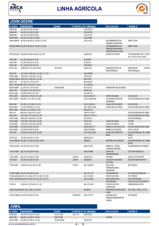LINHA AGRÍCOLA
JOHN DEERE
N° ARCA DIMENSÕES SABÓ CORTECO N° ORIGINAL APLICAÇÃO MODELO
45,00 X 65,00 X 8,005808-BR CQ29342
45,00 X 65,00 X 8,005808-BR DQ29370
45,00 X 65,00 X 8,005808-BR CQ27245
45,00 X 65,00 X 10,005809-BRG CQ27989
60,00 X 85,00 X 10,00 / 13,505946-BROP ACIONAMENTODA
TRAÇÃODIANTEIRA
SÉRIE7500CQ27315
60,00 X 85,00 X 10,00 / 13,5059468-BROS ACIONAMENTODA
TRAÇÃODIANTEIRA-
OPÇÃOEMSILICONE
SÉRIE7500
38,00 X 58,00 X 8,00 /10,705954-GGGX DISCODECORTE PLANTADEIRA 907 / 909 /
911 /913 /914 /916
AA26234
41,20 X 60,20 X 9,505955-BR B-32687
41,20 X 60,20 X 9,505955-BR B 26234
41,20 X 60,20 X 9,505955-BR DQ19815
108,00 X 122,20 X 8,005957-GA RASPADOR (POLIA
POSITORQUE)
RASPADOR (POLIA
POSITORQUE)
01253-B AH87141
167,80 X 198,00 X 13,00 /17,705970-BY DQ-36983
200,00 X 230,00 X 13,005999-BAG AZ 34433
200,00 X 230,00 X 13,0059999-BAGF AZ37367
25,40 X 31,75 X 4,706007-GA AA5607R
97,00 X 129,00 X 13,006041-GGGGX AL 158922
22,20 X 31,70 X 6,306043-BAGF VARIADOR VELOCIDADE02878-BAG AE53175
101,60 X 114,30 X 6,506052-GA AH96135
43,00 X 60,30 X 6,406054-GAE AH 98118
140,00 X 170,00 X 15,006921-BRY CORTEDEBASE 3510/35200151346277
88,90 X 115,40 X 23,006922-BRYF PICADOR EXTRATOR
PRIMARIO
COLHEITADEIRADECANA01513285946
92,00 X 127,00 X 21,706923-BY CAIXADOPICADOR 3510/35200151339811
57,20 X 88,90 X 11,106924-BGF CAIXADE04 FUROS COLHEITADEIRADECANA047.004.2349
80,00 X 110,00 X 11,006927-BRG 00100717
88,90 X 146,07 X 14,306951-B COLHEITADEIRADECANACB01477812
152,40 X 177,85 X 12,706952-BG COLHEITADEIRADECANACB 014.778.13
200,00 X 230,00 X 15,007007-BAG COLHEITADEIRAAZ 34433
130,00 X 154,00 X 18,007018-B(E) CUBODERODA 7230R5165155
130,00 X 154,00 X 18,007018-B(E) CUBODERODA 7230R5184122
63,50 X 82,55 X 9,507054-BRG MANCAL DOPIRULITO COLHEITADEIRADECANACB01453477
63,00 X 90,00 X 8,007055-BRG MANCAL DOROLO 3510 / 3520CB01419085
123,80 X 163,40 X 23,807073-BY CAIXADOCORTEDE
BASE
COLHEITADEIRA DE CANA
3510
017 0325 304
34,90 X 44,45 X 5,007074-GA JD 90AMT2553T
60,00 X 75,00 X 8,00 /8,507136-BRGEF MOTOR DOPICADOR COLHEITADEIRA DE CANA
3520
BAB35L
25,40 X 59,20 X 7,007146-GGGX MANCAL -RODA
COMPACTADORA
PLANTADEIRADEGRAOSAN213072
66,70 X 85,09 X 9,5071919-BAF CAIXADE
ENGRENAGENS
COTTON TODAS JDAN273886
38,10 X 53,98 X 7,907192-BAG PINHÃO 1550/1570/997014876 AH 81622
35,00 X 65,00 X 9,507193-BA CAIXADAUNIDADE
COTTON
COLHEITADEIRA997013875 AE28824
146,05 X 161,93 X 6,407194-GAG POLIADA
TRANSMISSÃOE
REVERSOR
STS TODOS57502 AH 136497
66,50 X 92,00 X 9,6071959-BAGF TRANSMISSÃO STS TODOS MODELOSAH 137772
124,51 X 182,97 X 12,00 /15,507196-GGGGX PONTADEEIXO STS TODOSAH 112401
120,65 X 162,78 X 12,25 /15,757197-GGGGX REDUÇÃOFINAL
REFORÇADA
COLHEITADEIRA
1450/1550/1570/9970
AH 112402
100,00 X 123,85 X 11,107199-B PONTADEEIXO
DIANTEIRO
FORRAGEIRA9976AH 125233
103,19 X 138,11 X 9,507200-GGGGX TRASEIRODAREDUÇÃO
FINAL
TR 7500 /7505 /7515R33026
63,50 X 92,00 X 9,5072019-BAGF CARCAÇADO
TRANSFORMADOR DE
FORÇA
STS TODOSCR25076 AH 137771
N° ARCA SABÓ CORTECO N° ORIGINAL APLICAÇÃO MODELODIMENSÕES
JUMIL
30,00 X 62,00 X 10,005000-BA 2011 N01273-BA 8101030
38,00 X 52,00 X 10,005002-BR PISTÃO00479 BR
40,00 X 72,00 X 12,005014-BAG 01602-BAG 4301697
w w w .arcaretentores.com.br 13A -
 