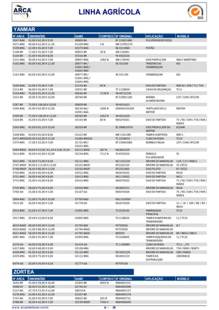 LINHA AGRÍCOLA
YANMAR
N° ARCA DIMENSÕES SABÓ CORTECO N° ORIGINAL APLICAÇÃO MODELO
35,00 X 62,00 X 9,505047-BAG PULVERIZADOR DIESEL00800-BA BT22M21880
40,00 X 62,00 X 11,505071-BRG 1 N01109-BRG MR 22P82270
22,00 X 35,00 X 7,005109-BRG PISTÃO02579-BRG B6 0210085
17,00 X 35,00 X 7,005148-BR 20 N00853-BR AM142081
25,00 X 40,00 X 8,005150-BR 01556-BR YS 4502020
30,00 X 42,00 X 7,005151-BAG EIXOPROPULSOR AM12 MARÍTIMO1082 N00847-BAG AM176040
60,00 X 82,00 X 12,005162-BRG TRASEIRODO
VIRABREQUIM
AE100977-BR /
01841-BRG /
01842-BRG
AE102200
60,00 X 82,00 X 12,005162-BRG VIRABREQUIM AE100977-BR /
01841-BRG /
01842-BRG
AE101100
25,00 X 35,00 X 7,005209-BAG EIXODEPARTIDA NSB 50 / 50R /75 /75R60 N01543-BA
40,00 X 56,00 X 7,005213-BR CAIXADEMUDANÇAS TC1102031-BR TC 1128830
75,00 X 95,00 X 13,005234-BRG 7178 N00046-BR YB 40T15230
20,00 X 35,00 X 10,005252-BR BOMBA
ALIMENTADORA
22P /33M/BT22M00760-BR BT22M52180
75,00 X 100,00 X 10,005287-BR 00609-BR YB 4031631
35,00 X 62,00 X 12,005294-BAG VENTILADODOCJ.
MOTOR
MOTOR1006 N00136-BA/
02091-BAG
604960103500
75,00 X 100,00 X 12,005299-BR 2362 N00269-BR YB 4031620
25,00 X 35,00 X 7,005320-BR EIXODEPARTIDA 75 /90 / 50R /75R /90R /
NSB50
60 N01543-BR NS5076501
45,00 X 65,10 X 10,005345-BRG EIXOPROPULSOR DO
MOTOR
B10MR00359-BR B1 0MRU597A
50,00 X 65,00 X 8,005348-BRG TAMPADIANTEIRA MR1101422-BR MR 1181280
40,00 X 62,00 X 12,005371-BRGGG CUBODARODA TC1001684-BRGGG TC 1028810
17,00 X 32,00 X 7,005374-BRG BOMBAD'ÁGUA 22P /33M/BT22M01725-BR /
02425-BRG
BT22M42080
40,00 X 52,00 /61,50 X 3,00 /8,505494-BRGE 287 N02212-BRGE NS1802220
30,00 X 42,00 X 10,005613-BRG ÊMBOLO
PULVERIZADOR
YS7112 N02234-BRG YS 4502050
55,00 X 72,00 X 9,005615-BRG ÁRVOREDEMANIVELAS 11R /11T/NSB1102111-BRG NS 1102220
90,00 X 115,00 X 13,005747-BRGP ÁRVOREDEMANIVELAS 33 /BT2202325-BRGP BT2202220
58,00 X 80,00 X 12,005748-BRGP EIXOPILOTO 8T/BT2202326-BRGP BT2201800
26,00 X 40,00 X 8,005750-BRG EIXODEPARTIDA NS1802412-BRG NS1876502
28,00 X 40,00 X 8,005751-BRG EIXODEPARTIDA NS1102413-BRG NS1176502
25,00 X 35,00 X 8,005752-BRG EIXODEPARTIDA 75 /90 / 50R /75R /90R /
NSB50
02414-BRG NS5076502
58,00 X 75,00 X 9,005755-BRG ÁRVOREDEMANIVELAS NS1802426-BRG NS1802221
25,00 X 35,00 X 5,005766-GA EIXODEPARTIDA 75 /90 / 50R /75R /90R /
NSB50
02107-GA NS5076500
52,00 X 70,00 X 10,005904-BAG 07700-BAG NS11333067
26,00 X 40,00 X 5,005915-GR EIXODEPARTIDA 13 / 18 / 18R / B8 / B9 /
NB10
01778-GR NS1876500
25,00 X 37,90 X 7,005916-BRG EMBREAGEM
PRINCIPAL
TC1001892-BRG TC1018160
29,90 X 52,00 X 8,005917-BRG TAMPADIANTEIRADA
TRANSMISSÃO
11 /TC1001895-BRG TC1128820
48,00 X 82,00 X 13,006019-BAGE ÁRVOREDEMANIVELAS B 701793-BAE NT70E506
52,00 X 88,00 X 13,006020-BAGE ÁRVOREDEMANIVELAS01794-BAGE NT75E506
58,00 X 94,00 X 13,006021-BAGE ÁRVOREDEMANIVELAS B9 /NB10 /NB1301795-BAGE B9E505
19,80 X 35,00 X 7,006087-BRG TAMPAESQUERDADA
TRANSMISSÃO
11 /TC1001894-BRG TC1028800
40,00 X 50,00 X 4,006276-GA CUBODARODA TC11 .../7501419-GA TC 1148080
50,00 X 68,00 X 9,006327-BRG ÁRVOREDEMANIVELAS 75R /NS90 /NSB7502108-BRG
45,00 X 62,00 X 9,006328-BRG ÁRVOREDEMANIVELAS 50R /NSB5002110-BRG NS 5002220
58,00 X 75,00 X 9,006329-BRG TAMPADA
DISTRIBUIÇÃO
18R/NSB1802112-BRG NS1802220
20,00 X 34,95 X 4,506474-GA 01777-GA NT70F538
N° ARCA SABÓ CORTECO N° ORIGINAL APLICAÇÃO MODELODIMENSÕES
ZORTEA
35,00 X 58,00 X 10,005035-BR 0903 N01905-BR RE84001551
30,00 X 52,00 X 10,005098-GY 02744-GY RE84005098
47,70 X 72,95 X 12,005157-BG 00674-B RE84005157
24,00 X 42,00 X 10,005578-BRG 01507-BR RE84005578
35,00 X 45,00 X 7,005731-BA 265 N00822-BA RE84005731
30,00 X 42,00 X 7,005788-BR 7340 V02539-BRGP RE84006690
w w w .arcaretentores.com.br 39A -
 