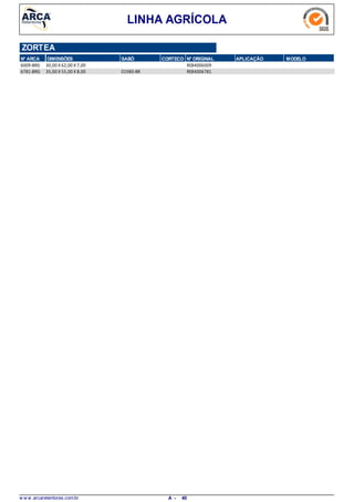 LINHA AGRÍCOLA
ZORTEA
N° ARCA DIMENSÕES SABÓ CORTECO N° ORIGINAL APLICAÇÃO MODELO
30,00 X 62,00 X 7,006009-BRG RE84006009
35,00 X 55,00 X 8,006781-BRG 01980-BR RE84006781
w w w .arcaretentores.com.br 40A -
 
