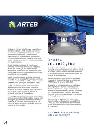 04
Fundada em 1934 por Artur Eberhardt e após 79 anos
de história no Brasil, a Arteb consolida sua presença
no mercado automobilístico através do seu avanço
tecnológico de nível mundial, utilizando os mais
modernos recursos para transformar conhecimento
em novos produtos, processos e serviços, de forma a
cumprir seu papel empresarial no mercado, e social para
com seus funcionários.
Durante mais de sete décadas de investimentos
constantes em inovação e tecnologia, a Arteb segue
adiante com sua vocação para identificar novas
oportunidades e com uma grande determinação para
manter-se extremamente competitiva e preparada para
os desafios da economia global.
A Arteb atende com nível de excelência sistemas de
iluminação para os principais fabricantes de automóveis
do mundo, entre eles: Fiat, Ford, GM, Hyundai, Mercedes
Benz, Mitsubishi, Volkswagen, Toyota, dentre outros.
A Arteb é atualmente uma das mais importantes e
respeitadas indústrias do mundo em sistemas de
iluminação para o setor automotivo e está caminhando
para se tornar a maior empresa de sistemas de
iluminação automotiva da América Latina.
Para alcançarmos esse objetivo, executamos um trabalho
contínuo de desenvolvimento de produtos cada vez mais
tecnológicos, que além de cumprirem com excelência
sua função de iluminação, sempre agregam em sua
concepção design, performance, qualidade, inovações e
materiais de última geração.
C e n t r o
t e c n o l ó g i c o
Nosso Centro Tecnológico é o principal responsável pela
incessante busca de novas tecnologias, desenvolvimento
de produtos, construção de ferramentas e ainda testes
e certificações de projetos, garantindo a qualidade dos
sistemas de iluminação Arteb.
Hoje a Arteb possui o único laboratório voltado para
o mercado de iluminação do Brasil reconhecido pelo
INMETRO segundo a norma 17025/2005.
Uma equipe de profissionais altamente qualificados,
entre engenheiros e técnicos, é responsável por 	
dedicar-se diariamente à criação e viabilização de
tecnologias de vanguarda para o mercado, trabalhando
nas áreas de pesquisa em Fotometria, Materiais e
Eletrônica, conforme normas nacionais e internacionais
de iluminação automotiva.
O elevado nível de qualidade Arteb determinou o
recebimento dos certificados internacionais ISO/TS
16949, ISO 14001 e o Certificado de Conformidade 		
do IQA, além da adequação dos requisitos específicos 	
de cada cliente.
E o melhor: toda esta tecnologia
está à sua disposição!
 