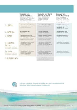 CUIDADO DEL                                CUIDADO DEL CUTIS                      CUIDADO DEL
                             CUTIS SENSIbLE                             CONTRA EL ACNé                         CUTIS MASCULINO
                             la piel parece de textura fina,            el cutis podría ser graso              el cutis es más grueso
                             tiende a ser seca y podría sufrir          o seco con la aparición                con poros más grandes, la
                             manchas, enrojecimiento o                  frecuente de manchas                   producción de grasa es mayor
                             irritación al ser expuesta a ciertos       de acné.                               y podría sufrir irritaciones por
                             ingredientes o fragancias.                                                        afeitadas regulares.


  1 Limpia                   • Sellecca Solution® facial cleanser
                               with chamomile
                                                                        • clear.now® acne Treatment Wash
                                                                          (suministro para 4 semanas)
                                                                                                               • TOLSOm® facial cleansing foam
                                                                                                                 (suministro para 4 a 6 semanas)
                               (suministro para 6 semanas)                                                     • TOLSOm Shave Gel
                                                                                                                 (suministro para 4 a 6 semanas)


  2 tonifica                 No recomendado para
                             piel sensible
                                                                        • clear.now Purifying Toner
                                                                          (suministro para 4 semanas)
                                                                                                               • TOLSOm after Shave Splash
                                                                                                                 (suministro para 4 a 6 semanas)


  3 trata                    • Sellecca Solution critical care
                               eye cream (suministro para 10 semanas)
                                                                        • essentials anti-blemish treatment
                                                                          (suministro para 12 semanas)
                                                                                                               • TOLSOm Skin Smoothing Gel
                                                                                                                 (suministro para 4 a 6 semanas)
                             • Time Defiance® Skin Refinishing          • essentials pore cleansing masque
                               Lotion (suministro para 6 semanas)         (suministro para 6 a 8 semanas)


                             • Sellecca Solution miracle formula        • clear.now acne Treatment Lotion      • TOLSOm Skin Protective Lotion
  4 HiDrata                    (suministro para 14 semanas)               (suministro para 4 semanas)            SPf 15 (suministro para 4 semanas)
                             • essentials soothing creme                • essentials balancing lotion SPf 15
  De día                       (úsala según la necesites)                 (suministro para 12 semanas)
  selecciona uno para
  uTilizar en la mañana.


  De noche                   • Sellecca Solution miracle formula
                               (suministro para 14 semanas)
                                                                        • clear.now acne Treatment Lotion
                                                                         (suministro para 4 semanas)
                                                                                                               • TOLSOm Skin Protective Lotion
                                                                                                                 SPf 15 (suministro para 4 semanas)
  selecciona uno para        • essentials soothing creme                • essentials balancing lotion SPf 15
  uTilizar en la noche.        (úsala según la necesites)                 (suministro para 12 semanas)



  5 SupLementa                                                          • clear.now Supplement
                                                                          (suministro para 4 semanas)




                 @          Para una evaluación personal de cuidado del cutis y recomendación de
                            productos, visita Amway.com/myartistryproducts.




Garantía de Satisfacción de 180 días O TE DEVOLVEMOS EL DINERO | Ordena a través de tu Empresario Independiente de Amway.                             11
 