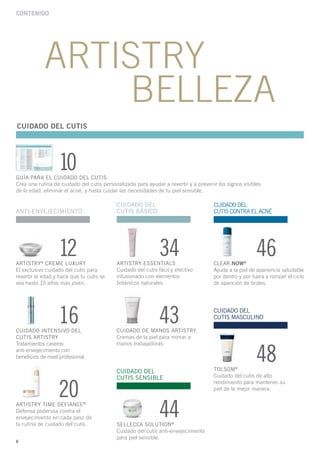 Contenido




             ARTISTRY
                 BELLEZA
CUIDADO DEL CUTIS




                   10
GUÍA PARA EL CUIDADO DEL CUTIS
Crea una rutina de cuidado del cutis personalizada para ayudar a revertir y a prevenir los signos visibles
de la edad, eliminar el acné, y hasta cuidar las necesidades de tu piel sensible.

                                           CUIDADO DEL                               CUIDADO DEL
ANTI-ENVEJECIMIENTO                        CUTIS BÁSICO                              CUTIS CONTRA EL ACNÉ




                   12
ARTISTRY® CREME LUXURY                     ARTISTRY ESSENTIALS
                                                              34                     CLEAR.NOW®
                                                                                                        46
El exclusivo cuidado del cutis para        Cuidado del cutis fácil y efectivo        Ayuda a la piel de apariencia saludable
revertir la edad y hace que tu cutis se    infusionado con elementos                 por dentro y por fuera a romper el ciclo
vea hasta 15 años más joven.               botánicos naturales.                      de aparición de brotes.




                   16
CUIDADO INTENSIVO DEL
                                                              43
                                           CUIDADO DE MANOS ARTISTRY
                                                                                     CUIDADO DEL
                                                                                     CUTIS MASCULINO


CUTIS ARTISTRY                             Cremas de la piel para mimar a



                                                                                                        48
Tratamientos caseros                       manos trabajadoras.
anti-envejecimiento con
beneficios de nivel profesional.

                                           CUIDADO DEL                               TOLSOM   ®


                                           CUTIS SENSIBLE                            Cuidado del cutis de alto


                   20
                                                                                     rendimiento para mantener su
                                                                                     piel de la mejor manera.

ARTISTRY TIME DEFIANCE®
Defensa poderosa contra el
envejecimiento en cada paso de
tu rutina de cuidado del cutis.            SELLECCA SOLUTION®
                                                              44
                                           Cuidado del cutis anti-envejecimiento
                                           para piel sensible.
6
 