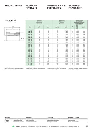 23SIT SpA Via Watt, 15 - 20143 Milan - ITALY - T+39.02891441 F+39.0289181327 - export@sitspa.it - SIT-LOCK®
(031.04)
MODÉLES
SPÈCIAUX
S O N D E R A U S -
FÜHRUNGEN
MODELOS
ESPECIALES
SIT-LOCK®
10S
LEGEND LÉGENDE LEGENDE NOMENCLATURA
MS (daNm) Screws tightening torque Couple de serrage des vis Festzieh-Drehmoment der Schrauben Par de apriete de los tornillos
Mt (daNm) Transmissible torque Couple transmissible Übertragbares Drehmoment Par transmisible
Pax (daN) Transmissible axial force Force axiale transmissible Übertragbare Axialkraft Fuerza axial transmisible
17 x 50 56 50 21 2.450 4 M 6 1,7
18 x 50 56 50 23 2.450 4 M 6 1,7
19 x 50 56 50 24 2.450 4 M 6 1,7
20 x 50 56 50 25 2.450 4 M 6 1,7
22 x 55 66 60 27 2.450 4 M 6 1,7
24 x 55 66 60 30 2.450 4 M 6 1,7
25 x 55 66 60 46 3.650 6 M 6 1,7
28 x 60 66 60 52 3.650 6 M 6 1,7
30 x 60 66 60 60 3.650 6 M 6 1,7
32 x 75 68 60 73 4.550 4 M 8 4,1
35 x 75 83 75 77 4.550 4 M 8 4,1
38 x 75 83 75 86 4.550 4 M 8 4,1
40 x 75 83 75 91 4.550 4 M 8 4,1
42 x 78 83 75 94 4.550 4 M 8 4,1
45 x 85 93 85 153 6.750 6 M 8 4,1
48 x 90 93 85 161 6.750 6 M 8 4,1
50 x 90 93 85 170 6.750 6 M 8 4,1
55 x 94 93 85 246 9.050 8 M 8 4,1
60 x 100 93 85 272 9.050 8 M 8 4,1
65 x 105 93 85 294 9.050 8 M 8 4,1
70 x 115 110 100 378 10.750 6 M10 8,3
75 x 125 110 100 404 10.750 6 M10 8,3
80 x 125 110 100 430 10.750 6 M10 8,3
Dimensions
Dimensions
Abmessungen
Dimensiones
d x D
[mm]
Ltot
[mm]
L
[mm]
Mt
[daNm]
Performances
Performances
Leistungen
Prestaciones
Clamping screws
Vis de serrage
Befestigungs-Schrauben
Tornillos de apriete
DIN 912 - 12.9
Pax
[daN]
size
type
Typ
tipo
MS
[daNm]N°
SPECIAL TYPES
For SIT-LOCK®
10S we recommend the fol-
lowing fits: h 8 for the shaft
Pour SIT-LOCK®
10S nous recommandons:
arbre h 8 pour l’arbre
Für den Sitz von SIT-LOCK®
10S empfohle-
ne Toleranz: Welle h 8
Tolerancia aconsejada para el alojamiento
del SIT-LOCK®
10S: Eje h 8
 