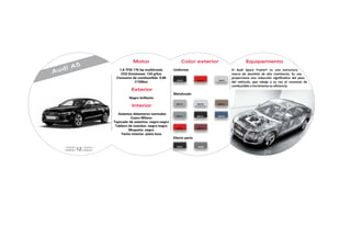 12
Audi A5
Motor
1.8 TFSI 170 hp multitronic
CO2 Emisiones: 134 g/km
Consumo de combustible: 5,80
l/100km
Exterior
Negro brillante
Interior
Asientos delanteros normales
Cuero Milano
Tapizado de asientos: negro-negro
Tablero de mandos: negro-negro
Moqueta: negro
Techo interior: plata luna
Color exterior
Uniforme
Metalizado
Efecto perla
El Audi Space Frame® es una estructura
marco de aluminio de alta resistencia. Su uso
proporciona una reducción significativa del peso
del vehículo, que rebaja a su vez el consumo de
combustible e incrementa su eficiencia.
Equipamiento
U#0139U#0102 U#0101
M#0143
M#0128
M#0110
M#0111
M#0115M#0105
M#0101
M#0142
P#0101 P#0089
 