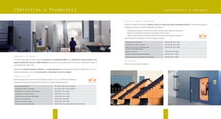 [Se r v i c i o s y P r o d u c t o s ]                                                                                                                                                                        L aboratorio y ensayos


                                                                                                                                           Ensayo
                                                                                                                                           Ensayos en c
                                                                                                                                                      cámaras normalizada
                                                                                                                                                              normalizadas
                                                                                                                                                              norma zadas
                                                                                                                                           El Centro Tecnológico de Acústica de Audiotec c nt con cámaras de e
                                                                                                                                                                                         cuenta o ám as      ensayos normalizadas móviles de última generac para la
                                                                                                                                                                                                                   s     ali       óv               generación
                                                                                                                                           certiﬁcación de productos y sistemas dedicados a la ediﬁcación.
                                                                                                                                                                                       os a ﬁ ón

                                                                                                                                             · Cámaras para ensayos de cerramientos v c
                                                                                                                                                                                   s verticales, v an puertas, b
                                                                                                                                                                                                 ventanas, u       barreras a
                                                                                                                                                                                                                            acústicas, etc
                                                                                                                                             · Cámaras para ensayos de cerramientos horizontales, suelos y t
                                                                                                                                                                                 os riz a           u       techos
                                                                                                                                             · Cámara reverberante para ensayos de coeﬁcientes de a
                                                                                                                                                                                      eﬁ     te     absorción de materiales y pr
                                                                                                                                                                                                           ó       a          productos
                                                                                                                                                                                                                                                       E N S A Y O S
                                                                                                                                           Estas instalaciones nos permiten certiﬁcar los siguientes en
                                                                                                                                                                                 ﬁc os        ie     ensayos                                           Nº1 4 9 / L E 3 6 7




                                                                                                                                             Aislamiento a ruido aéreo                                         UNE EN ISO 140-3:1995
                                                                                                                                                                                                                        O
                                                                                                                                             Aislamiento a ruido de impacto                                    U EN ISO 140
                                                                                                                                                                                                               UNE      140:6:1999
                                                                                                                                             Reducción de ruido de impactos sobre
                                                                                                                                                                         os    re                              UNE EN ISO 140-8:1998
                                                                                                                                                                                                               U
                                                                                                                                             forjado normalizado pesado
                                                                                                                                             Absorción acústica                                                UNE EN ISO 354 004
                                                                                                                                                                                                                          354:2004
                                                                                                                                                                                                                                 4
                                                                                                                                             Pantallas acústicas. Absorción acústica
                                                                                                                                                                       ci     ús                               UNE EN 1793-1:1998
                                                                                                                                                                                                                       793-1:1
                                                                                                                                                                                                                           1:19
                                                                                                                                                                                                                            :19
Laboratorio de Ensayos                                                                                                                       Pantallas acústicas. Aislamiento a ruido aéreo
                                                                                                                                                                       m                re                     UN EN 17
                                                                                                                                                                                                               UNE   179
                                                                                                                                                                                                                     1793-2:1998
                                                                                                                                                                                                                      79
En el Centro Tecnológico de Acústica Audiotec, contamos con la acreditación ENAC para la realización de ensayos acústicos en los
                                                                                                                                           Peritaciones
campos de Ediﬁcación, Industria y Medio Ambiente, garantizando la conformidad técnica con métodos y procedimientos según la
                                                                                                                                           Emisión y visado de informes judiciales.
                                                                                                                                                                  or        cia
norma UNE-EN ISO 17025: 2005.

Disponemos de personal altamente cualiﬁcado y con amplia experiencia en la realización de mediciones e inspecciones “in situ” y en
cámaras normalizadas, así como de instrumentación e instalaciones de última tecnología.

Ensayos “in situ”
Nuestros técnicos llevan a cabo todo tipo de ensayos acústicos “in situ” en el ámbito de la ediﬁcación,
                                                                                                                     E N S A Y O S
medioambiente e industria, disponiendo de la experiencia y medios adecuados para ello.                               Nº1 4 9 / L E 3 6 7




  Ruido medioambiental                                            ISO 1996-2:2007 y R.D.1367/2007
  Inmisión de ruido en viviendas                                  ISO 1996-2:2007 y R.D.1367/2007
  Aislamiento a ruido aéreo entre locales                         UNE EN ISO 140-4:1999
  Aislamiento a ruido de impacto                                  UNE EN ISO 140-7:1999
  Aislamiento a ruido aéreo de fachadas                           UNE EN ISO 140-5:1999
  Tiempo de reverberación                                         UNE EN ISO 3382:2008
  Ruido en puesto de trabajo                                      UNE EN ISO 11202:1996
  Potencia sonora de maquinaria                                   UNE EN ISO 3744:1996 y UNE EN ISO 3746:1996




                                                                  18                                                                                                                                           19
 