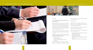 [Se r v i c i o s y P r o d u c t o s ]                                                              F o rmación y Consultoría




                                          Formación                                                               europeos, exponiendo las líneas de in
                                                                                                                        os,                     s ei investigación desarrolladas
                                                                                                                  en nuestros laboratorios.
                                                                                                                                         s.
                                          Audiotec, diseña planes formativos ad
                                                                      ati    adaptados a las necesi-
                                                                                   do
                                          dades de cada sector.                                                   Consultoría
                                                                                                                  Consultoría
                                                                                                                           ía

                                                                  tiv      á         o           onale
                                          Nuestros programas formativos están dirigidos a profesionales,          Aportamos
                                                                                                                  Aportamos transferencia tecnológica mediante formación es-
                                                                                                                      tamo
                                          técnicos de la Administración Pública, estudiantes de ingenie-
                                                                   ci      l          ia                          pecíﬁ
                                                                                                                  pecí ca en la materia, a profesionales del sector y colaboramos
                                                                                                                  p
                                          rías y arquitectura, etc. En ellos se imparten los conocimientos
                                                                              e           os                      con Universidades y Administraciones.
                                          de la acústica aplicada en ediﬁcación (DB-HR), medioambie
                                                                           ción          medioambient
                                                                                         medioambiente
                                                                                                                  Asesoramos en la redacción y actualización de normas, orde-
                                          e industria, así como la formación en las nuevas n
                                                                              n            normativas de
                                                                                           norm
                                                                                                                  nanzas y reglamentos en materia acústica.
                                          aplicación a nivel nacional, regional y local.
                                                                  nal,
                                                                                                                  Dentro de las funciones de consultoría, en Audiotec llevamos a
                                          Disponemos de aulas de formación con todos los medios técni-
                                                                                                                  cabo las siguientes actuaciones:
                                          cos necesarios, pudiendo también impartirse en las instalacio-
                                          nes del cliente.                                                          · Redacción de normativas acústicas locales y regionales (or-
                                                                                                                      denanzas, reglamentos, leyes)
                                          Organizamos e impartimos cursos de formación especializa-                 · Redacción de informes técnicos
                                          da en Acústica y Eﬁciencia Energética a:                                  · Peritajes y asesoramiento técnico
                                                                                                                    · Implantación de sistemas de calidad UNE EN ISO 17025 en
                                            ·   Colegios profesionales
                                                                                                                      Laboratorios
                                            ·   Técnicos de las Administraciones
                                                                                                                    · Organización y gestión de ejercicios de intercomparación
                                            ·   Peritos y profesionales vinculados con la acústica
                                            ·   Universidades
                                          Igualmente Audiotec colabora en el diseño de las materias im-
                                          partidas en los máster de acústica, en simposium en congresos




                         20                                                                                  21
 