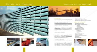 [Se r v i c i o s y P r o d u c t o s ]                                       I n g e n i e r í a Acústica In du str ia l
                                                                                                           Industrial




                                          METODOLOGÍA                                                             · Actuaciones sobre la fuente emisora
                                                                                                                  · Actuaciones sobre el medio de transmisión
                                          Nuestro sistema integral se desarrolla desde la detección del
                                                                                                                  · Actuaciones sobre el receptor (en el interior / en el exterior)
                                          problema hasta la certiﬁcación de la solución. La metodolo-
                                          gía de trabajo está basada en las siguientes fases:                    CAMPOS DE ACTUACIÓN
                                                                                                                  · Plantas de producción industrial.
                                            Estudio y Análisis           Evaluación             Solución
                                                                                                                  · Salas de máquinas e instalaciones en ediﬁcios:
                                          Estudio y Análisis del problema                                                - ascensores
                                                                                                                         - climatizadoras
                                          Disponemos de herramientas para la elaboración de estudios                     - extracciones de gases
                                          y mapas de ruidos, sus niveles de afección a los trabajadores.          · Plantas de producción industrial.
                                          Este proceso no interﬁere en la actividad productiva de las ins-        · Instalaciones de ocio y deportivas:
                                                                                                                         - polideportivos
                                          talaciones.
                                                                                                                         - centros culturales
                                                                                                                         - hostelería
                                          Evaluación del problema
                                                                                                                  · Barreras acústicas en viales (DGT)
                                          En esta fase se determinan los niveles sonoros, veriﬁcando el           · Centrales de comunicación
                                          cumplimiento de la legislación vigente en materia de rui-               · Centrales energéticas y de transformación
                                          do (R.D. 1367/2007 y R.D. 286/2006). Se identiﬁcan los focos            · Parques eólicos
                                          emisores, tipiﬁcándoles aéreos y/o estructurales..                      · Vías ferroviarias (ADIF)

                                          Solución del problema
                                          El departamento de ingeniería acústica diseña las soluciones
                                          más adecuadas para atenuar y amortiguar el ruido producido
                                          en las instalaciones industriales. Finalmente fabricamos, insta-
                                          lamos y certiﬁcamos las soluciones óptimas. Las aplicaciones
                                          pueden realizarse en uno o varios de los siguientes apartados:




                         8                                                                                   9
 