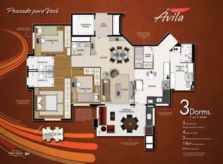 Pensado para Você.
Janelas dos dormitórios
com persiana de enrolar
Depósito que pode ser
incorporado à cozinha
ou transformado em
escritório

Previsão para instalação
de ar-condicionado nos
dormitórios e sala

Planta ilustrativa do apartamento tipo
com sugestão de decoração. Os móveis,
utensílios, itens de decoração e piso
da sala de dormitórios são meramente
sugestivos e não fazem parte do
contrato de aquisição das unidades.
As medidas são de face a face das
paredes. A churrasqueira, bancada de
granito e pia do terraço gastronô­ ico
m
são partes integrantes do contrato de
aquisição das unidades.

Cozinha com iluminação
e ventilação naturais

Dorms.
1 ou 2 Suítes

ra

3

Vagas Privativas

aq

ue

Depósito Individual no subsolo *

Ru

a

C

aç

4
3
Rua Vale Formoso

Projeto de Decoração:

3

Terraço Gastronômico integrado
com a Sala e Cozinha

Aptos. por andar
Elevadores (2 sociais e 1 de serviço)

118m2 de área privativa
251m2 de área total
*A área do depósito não está incluída
na área privativa do apartamento

 