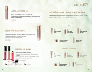 LIGHT UP LIP GLOSS
• Longa duração com efeito iluminado
• Contêm ingredientes que deixam os lábios hidratados
e macios
• Possuem embalagem exclusiva com luz de LED e espelho,
permitindo uma aplicação rápida e fácil
Conteúdo 6 g cada
Pink Nude
Código 118566B Sweet Melon
Código 118568C
• Longa duração com efeito iluminado
• Contêm ingredientes que deixam os lábios hidratados
e macios
• Possuem embalagem exclusiva com luz de LED e espelho,
permitindo uma aplicação rápida e fácil
Conteúdo 6 g cada
Pink Nude
Código 118566B
A B C
LOÇÃO ANTI-IDADE DIA
• Oferece proteção FPS 15 contra os raios UVA e UVB
• Promove proteção antioxidante contra os agentes externos nocivos que
causam o envelhecimento
Contém 50 ml
Código 113803
LOÇÃO ANTI-IDADE NOITE
• Oferece reparação noturna ao suavizar e hidratar a pele durante a noite
• Ajuda a atenuar o aspecto de linhas de expressão
• Possui textura leve e de rápida absorção
Contém 50 ml
Código 113804
Raspberry Kiss
Código 118573A
SEQUÊNCIA DE USO DOS PRODUTOS
Siga esta sequência de uso dos produtos ARTISTRY YOUTH XTEND™
para uma pele macia e com aparência jovem.
DIA
Loção Tônica
Facial Suavizante
Creme de Limpeza
Facial
Sérum Concentrado
Anti-idade
Creme Anti-idade para
Contorno dos Olhos
1.
1.
4.
4. 5.
2.
2.
3.
3.
Loção Anti-idade
Dia com FPS 15
Creme Anti-idade para
Contorno dos Olhos
Loção Anti-idade Noite
Loção Tônica
Facial Suavizante
Creme de Limpeza
Facial
Sérum Concentrado
Anti-idade
NOITE
5.
30 31
 