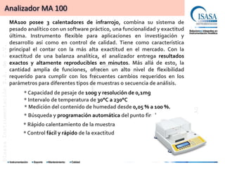 Analizador MA 100
                                      MA100 posee 3 calentadores de infrarrojo, combina su sistema de
                                      pesado analítico con un software práctico, una funcionalidad y exactitud
                                      última. Instrumento flexible para aplicaciones en investigación y
                                      desarrollo así como en control de calidad. Tiene como característica
©Isasa Instrumentación S.A. de C.V.




                                      principal el contar con la más alta exactitud en el mercado. Con la
                                      exactitud de una balanza analítica, el analizador entrega resultados
                                      exactos y altamente reproducibles en minutos. Más allá de esto, la
                                      cantidad amplia de funciones, ofrecen un alto nivel de flexibilidad
                                      requerido para cumplir con los frecuentes cambios requeridos en los
                                      parámetros para diferentes tipos de muestras o secuencia de análisis.
                                           * Capacidad de pesaje de 100g y resolución de 0,1mg
                                           * Intervalo de temperatura de 30°C a 230°C
                                           * Medición del contenido de humedad desde 0,05 % a 100 %.




                                                                                                                 ©Sartorius AG
                                            * Búsqueda y programación automática del punto final
                                           * Rápido calentamiento de la muestra
                                           * Control fácil y rápido de la exactitud
 