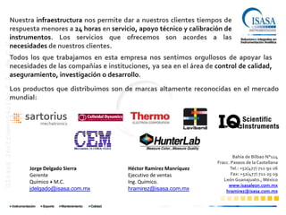 Nuestra infraestructura nos permite dar a nuestros clientes tiempos de
                          respuesta menores a 24 horas en servicio, apoyo técnico y calibración de
                          instrumentos. Los servicios que ofrecemos son acordes a las
©Isasa Instrumentación S.A. de C.V.




                          necesidades de nuestros clientes.
                          Todos los que trabajamos en esta empresa nos sentimos orgullosos de apoyar las
                          necesidades de las compañías e instituciones, ya sea en el área de control de calidad,
                          aseguramiento, investigación o desarrollo.
                          Los productos que distribuimos son de marcas altamente reconocidas en el mercado
                          mundial:

                                      sartorius
                                         mechatronics




                                                                                                      Bahía de Bilbao N°114
                                                                                              Fracc. Paseos de la Castellana
                                       Jorge Delgado Sierra     Héctor Ramirez Manríquez            Tel.: +52(477) 711∙91∙26
                                       Gerente                  Ejecutivo de ventas                  Fax: +52(477) 711∙25∙29
                                       Químico + M.C.           Ing. Químico.                    León Guanajuato., México
                                                                                                   www.isasaleon.com.mx
                                       jdelgado@isasa.com.mx    hramirez@isasa.com.mx             hramirez@isasa.com.mx
 