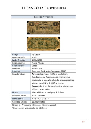 34
Banco La Providencia
Código PE-S227A
Denominación 1 SOL
Fecha Emisión 1/Abr/1872
Color Anverso Negro / Verde
Color Reve...
