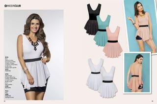 BL56

Blusa
Elastico en cintura,
tela vaporosa en faldón
01 Blanco, 10 Negro,
14 Salmón, 24 Verde Menta
Ch, Me, Gr, Xg
Poliéster, Rayón, Spandex

$219

PC3015326

QT05

Falda Entubada
01 Blanco, 08 Azul Rey,
10 Negro, 24 Verde Menta,
41 Coral, 15 Arena,
06 Café, 13 Uva
Ut, Gr
Nylon, Spandex

$199

PC2413915

PV31
Short 

$399

PC9027920
(Catálogo de Línea)

45

46

 