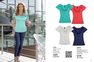 61 6261
AW72
Blusa con flor
09 Azul Marino, 48 Coral, 60
Verde Esmeralda, 96 Ivory
Tela Antipilling, no hace pelusa
Rayón elastano
Ch, Me, Gr, Xg
$199
PC1113987
LT79
Pantalón de mezclilla
47 Azul
Mezclilla stretch
3, 5, 7, 9, 11, 13
(Catálogo de linea)
$529
PC6937063
 