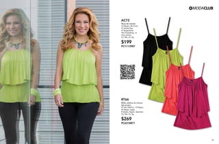 109
AC72
Blusa de tirantes
10 Negro, 48 Coral,
57 Verde Kiwi,
67 Bugambilia
Tela Antipilling, no
hace pelusa
Ch, Me, Gr, Xg
$199
PC1113987
RT66
Malla, elástico en cintura,
tela gruesa
09 Azul Marino, 10 Negro,
46 Negro Jaspe
Poliéster, Rayón, Spandex
Ch, Me, Gr, Xg
$269
PC6318871
 