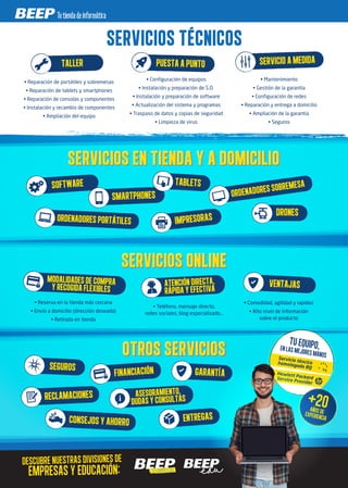 OTROS SERVICIOSOTROS SERVICIOS
SERVICIOS ONLINESERVICIOS ONLINE
SERVICIOS EN TIENDA Y A DOMICILIO
Descubre nuestras divisiones DE
empresas y educación:
SERVICIOS TÉCNICOSSERVICIOS TÉCNICOS
SERVICIOS ONLINESERVICIOS ONLINE
OTROS SERVICIOSOTROS SERVICIOS
• Mantenimiento
• Gestión de la garantía
• Configuración de redes
• Reparación y entrega a domicilio
• Ampliación de la garantía
• Seguros
SERVICIOAMEDIDA
• Reparación de portátiles y sobremesas
• Reparación de tablets y smartphones
• Reparación de consolas y componentes
• Instalación y recambio de componentes
• Ampliación del equipo
• Reserva en la tienda más cercana
• Envío a domicilio (dirección deseada)
• Retirada en tienda
• Comodidad, agilidad y rapidez
• Alto nivel de información
sobre el producto
TALLER
• Configuración de equipos
• Instalación y preparación de S.O.
• Instalación y preparación de software
• Actualización del sistema y programas
• Traspaso de datos y copias de seguridad
• Limpieza de virus
PUESTAAPUNTO
SERVICIOS EN TIENDA Y A DOMICILIOSERVICIOS EN TIENDA Y A DOMICILIO
SOFTWARE
DRONES
ORDENADORESPORTÁTILES
• Teléfono, mensaje directo,
redes sociales, blog especializado…
IMPRESORAS
SMARTPHONES
TABLETS
MODALIDADESDECOMPRA
YRECOGIDAFLEXIBLES
VENTAJAS
ORDENADORESSOBREMESA
ATENCIÓNDIRECTA,
RÁPIDAYEFECTIVA
Tu equipo,en las mejores manosServicio téncicohomologado BQ
Hewlett PackardService Provider
+20años deexperiencia
SEGUROS
FINANCIACIÓN GARANTÍA
RECLAMACIONES
ENTREGAS
ASESORAMIENTO,
DUDASYCONSULTAS
CONSEJOSYAHORRO
 