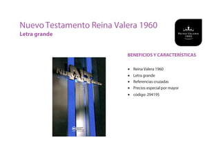 NuevoTestamento Reina Valera 1960
Letra grande
• Reina Valera 1960
• Letra grande
• Referencias cruzadas
• Precios especial por mayor
• código: 294195
BENEFICIOS Y CARACTERÍSTICAS
 