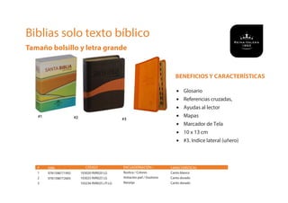 #
1
2
3
ISBN
9781598771992
9781598772005
CÓDIGO
103020 RVR020 LG
103025 RVR025 LG
103236 RVR025 cTI LG
CARACTERÍSTICAS
Canto blanco
Canto dorado
Canto dorado
BENEFICIOS Y CARACTERÍSTICAS
• Glosario
• Referencias cruzadas,
• Ayudas al lector
• Mapas
• Marcador de Tela
• 10 x 13 cm
• #3. Indice lateral (uñero)
Biblias solo texto bíblico
Tamaño bolsillo y letra grande
ENCUADERNACIÓN /
Rústica / Colores
Imitación piel / Duotono
Naranja
#1 #2 #3
 