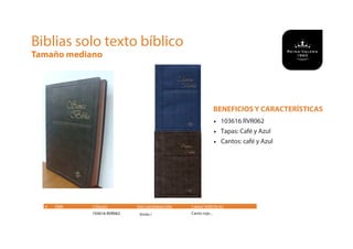 BENEFICIOS Y CARACTERÍSTICAS
• 103616 RVR062
• Tapas: Café y Azul
• Cantos: café y Azul
Biblias solo texto bíblico
Tamaño mediano
# ISBN CÓDIGO
103616 RVR062
CARACTERÍSTICAS
Canto rojo...
ENCUADERNACIÓN
/ Vinilo /
 