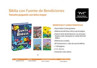 # ISBN CÓDIGO
1 7898521813192 103997 RVC043
ENCUADERNACIÓN / COLOR
Dura / Colores
CARACTERÍSTICAS
Canto blanco
BENEFICIOS Y CARACTERISTICAS
• Reina Valera Contemporánea
• ReferenciasdelTextocríticoapiedepágina.
• ÍndiceFuentedebendiciones.Losversículos
listados estánsubrayadosenmediodeltexto
bíblico.
• Referenciascruzadas.
• 80 ilustracionesa colordeescenasbíblicas.
• 1.344páginas.
• 11,5 16,5cm.
• Impresiónadoscolores.
#1
Biblia con Fuente de Bendiciones
Tamaño pequeño con letra mayor
 