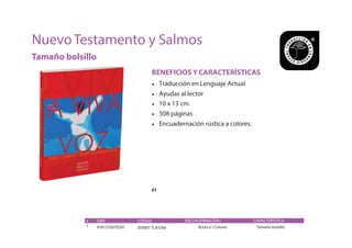 #1
BENEFICIOS Y CARACTERÍSTICAS
• Traducción en Lenguaje Actual
• Ayudas al lector
• 10 x 13 cm.
• 508 páginas
• Encuadernación rústica a colores.
#
1
ISBN
9781576979297
CÓDIGO
203007 TLA320e
ENCUADERNACIÓN /
COLOR Rústica / Colores
CARACTERÍSTICA
S Tamaño bolsillo
NuevoTestamento y Salmos
Tamaño bolsillo
 