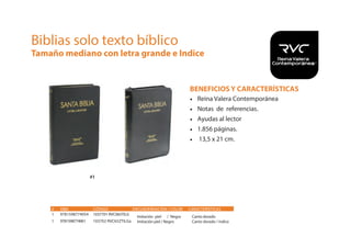 BENEFICIOS Y CARACTERÍSTICAS
• Reina Valera Contemporánea
• Notas de referencias.
• Ayudas al lector
• 1.856 páginas.
• 13,5 x 21 cm.
# ISBN CÓDIGO ENCUADERNACIÓN / COLOR CARACTERÍSTICAS
1 9781598774054 1037701 RVC065TILG
Biblias solo texto bíblico
Tamaño mediano con letra grande e Indice
#1
1 9781598774061 103702 RVC65ZTILGa
Canto doradoImitación piel / Negra
Imitación piel / Negro Canto dorado / índice
 