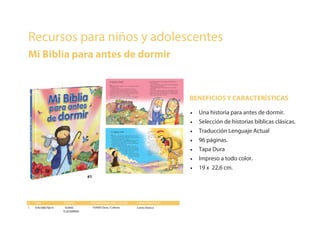 BENEFICIOS Y CARACTERÍSTICAS
• Una historia para antes de dormir.
• Selección de historias bíblicas clásicas.
• Traducción Lenguaje Actual
• 96 páginas.
• Tapa Dura
• Impreso a todo color.
• 19 x 22,6 cm.
# ISBN CÓDIGO
1 9781598776614 103993
TLA550PBAD
ENCUADERNACIÓN / COLOR
1103993 Dura / Colores
CARACTERÍSTICAS
Canto blanco
Recursos para niños y adolescentes
Mi Biblia para antes de dormir
#1
 