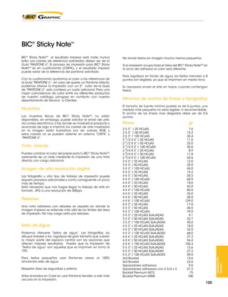 BIC® Sticky Note

TM

Con la cuatricromía ajustamos el color a las referencias de
la Guía “PANTONE U “, en caso de querer un Pantone directo,
podemos ofrecer la impresión con un 5º color de la Guía
de “PANTONE U”, esto conlleva un costo adicional. Para una
mejor coincidencia de color entre los diferentes productos
de nuestro catálogo, póngase en contacto con nuestro
departamento de Servicio a Clientes.

Muestras
Las muestras físicas de BIC® Sticky NoteTM, no están
disponibles, sin embargo, puede solicitar el envió del arte,
vía correo electrónico o fax donde se mostrará el producto y
acomodo de logo a imprimir, los colores de arte mostrados
en la imagen serán ilustrativos por ser colores RGB, y
estos colores no se pueden obtener en sistema “CMYK” y
“PANTONE U”.

Tinta directa
Puedes cambiar el color del papel para tu BIC® Sticky NoteTM,
solamente de un lado mediante la impresión de una tinta
directa, con cargo adicional.

Imagen de alta resolución digital
Las fotografía u otro tipo de trabajo de impresión puede
requerir procesos adicionales y como consiguiente un poco
más de tiempo.
Será necesario que nos hagas llegar tu trabajo de arte en
formato JPG a una resolución de 300ppi.

Rebases
Una nota adhesiva con rebases es aquella en donde la
imagen impresa se extiende más allá de los límites del área
de impresión. No hay cargo extra por rebases.

Sello de Agua
Podemos ofrecerle “Sellos de agua”. Las fotografías, los
dibujos lineales o los logotipos de gran tamaño que cubren
la mayor parte del espacio central son las opciones que
ofrecen mejores resultados. Puesto que la impresión de
“Sellos de agua” son aquellas que se imprimen en torno al
10%.
Para textos pequeños usar Pantones claros al 100%
simulando sello de agua.
Respetar área de seguridad y exterior.
Artes enviados en Corel sin usar Pantone tienden a salir más
oscuros en la impresión.

No enviar textos en imagen mucho menos pequeños.
Si la impresón ocupa toda el área del BIC® Sticky NoteTM en
la zona del adhesivo el color será diferente.
Para logotipos en fondo de agua, los textos menores a 8
puntos son ilegibles, ya que se imprimen en medio tono.
Es necesario enviar el arte en trazos, cuando contengan
textos.

Mínimos de ancho de líneas y tipografías
El tamaño de fuente mínimo posible es de 6 puntos; una
medida más pequeña no sería legible, ni recomendable.
El ancho de las líneas mas delgadas debe ser de 0.6
puntos.

Pesos	
2 X 3” / 25 HOJAS 	
2 X 3” / 50 HOJAS 	
2 X 3” / 100 HOJAS	
2 1/2 X 3” / 25 HOJAS	
2 1/2 X 3” / 50 HOJAS 	
2 1/2 X 3” / 100 HOJAS	
2 3/4 X 3” / 25 HOJAS	
2 3/4 X 3” / 50 HOJAS 	
2 3/4 X 3” / 100 HOJAS	
3 X 3” / 25 HOJAS 	
3 X 3” / 50 HOJAS	
3 X 3” / 100 HOJAS 	
4 X 3” / 25 HOJAS	
4 X 3” / 50 HOJAS	
4 X 3” / 100 HOJAS	
4 X 4” / 25 HOJAS 	
4 X 4” / 50 HOJAS	
4 X 4” / 100 HOJAS	
4 X 6” / 25 HOJAS 	
4 X 6” / 50 HOJAS 	
4 X 6” / 100 HOJAS 	
5 X 3” / 25 HOJAS 	
5 X 3” / 50 HOJAS 	
5 X 3” / 100 HOJAS 	
3 X 3” / 25 HOJAS SUAJADAS	
3 X 3” / 50 HOJAS SUAJADAS	
3 X 3” / 100 HOJAS SUAJADAS	
4 X 3” / 25 HOJAS SUAJADAS	
4 X 3” / 50 HOJAS SUAJADAS	
4 X 3” / 100 HOJAS SUAJADAS	
4 X 6” / 25 HOJAS SUAJADAS	
4 X 6” / 50 HOJAS SUAJADAS	
4 X 6” / 100 HOJAS SUAJADAS	
5 X 3” / 25 HOJAS SUAJADAS	
5 X 3” / 50 HOJAS SUAJADAS	
5 X 3” / 100 HOJAS SUAJADAS	
3x3 Booklet 	
4x3 Booklet 	
Separadores adhesivos 	
Separadores adhesivos con 2 3/4 x 3 	
Booklet Premium MCS	
Booklet Premium MWB	

gr
7.6
15.2
30.4
11.0
23.0
35.0
8.9
17.8
35.6
13.0
25.0
45.0
15.2
30.5
60.9
18.0
43.0
85.0
33.0
65.0
129.0
17.0
40.0
79.0
9.1
22.7
45.0
18.0
32.0
68.0
27.2
54.4
104.3
13.6
27.2
59.0
15.6
23.6
9.0
27.2
75
100

INFORMACIÓN
GENERAL

BIC® Sticky NoteTM el resultado impreso será mate, nunca
brillo. Los colores de referencia solicitados deben ser de la
Guía “PANTONE U”. El proceso de impresión para BIC® Sticky
NoteTM es en cuatricromía (CMYK), y el resultado impreso
puede variar de la referencia del pantone solicitado.

125

 