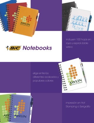 Notebooks

incluyen 100 hojas en
raya y espiral doble
wire-o

elige entre los
diferentes acabados y
populares colores

impresión en Hot
Stamping o Serigrafía

 